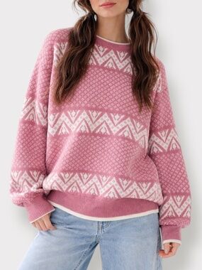 Vintage Pink Nordic Pattern Sweater Cozy Cottagecore Knit Pullover Large
